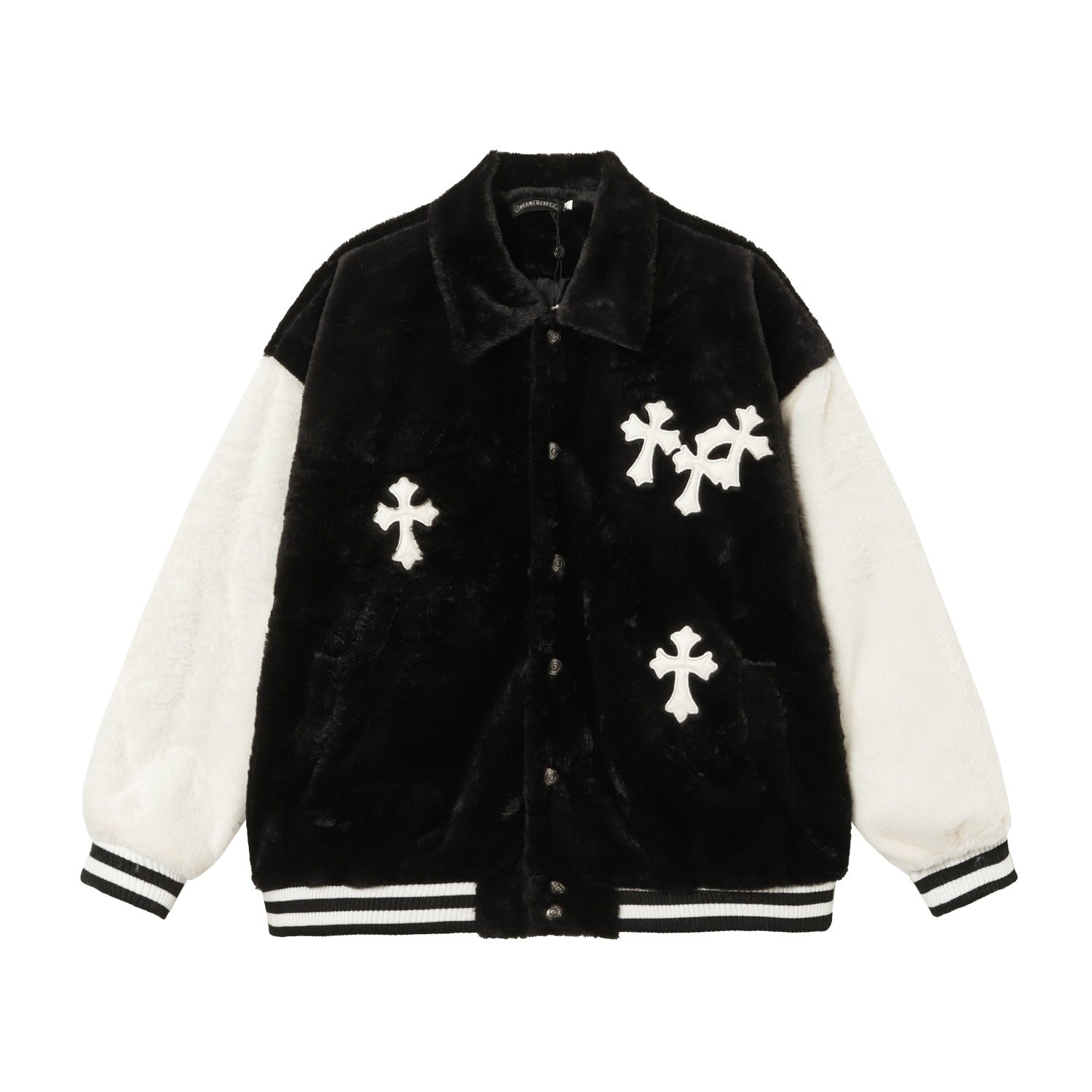 Chrome Hearts Faux Fur Cross Varsity Jacket - Black White Gothic Streetwear 035