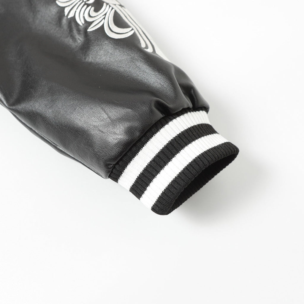 Chrome Hearts Cross Embroidered Leather Sleeve Varsity Jacket - Black Street Style 116